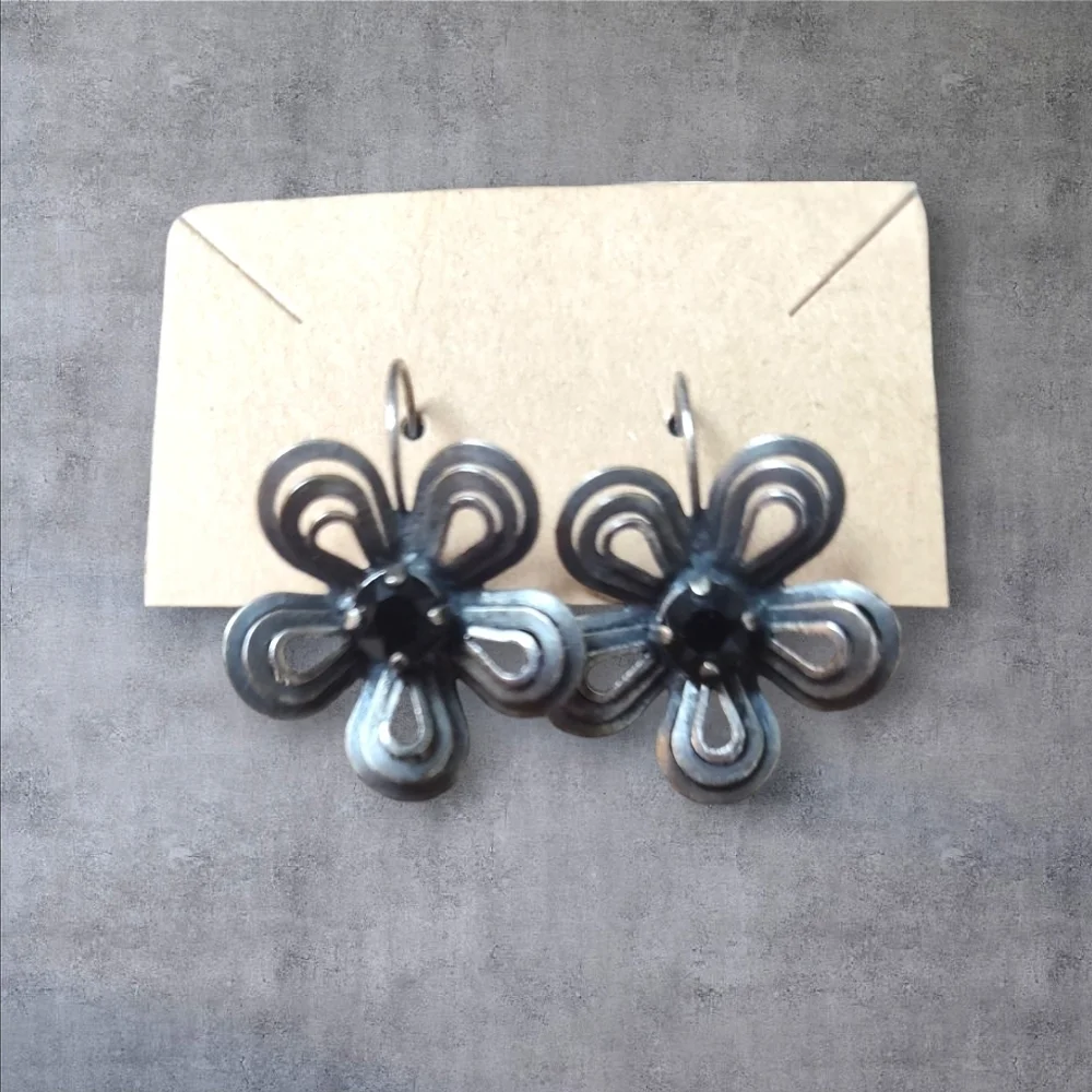 Vintage Silver, Clear & Black Crystal Floral Necklace and Earring Set - Picture 2 of 5